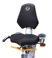 Wide cushioned seat with 20 height & 5 tilt adjustments on Octane Fitness xR6xi and xR6x Recumbent Elliptical