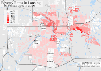 thematic map of lansing marking areas of high and low poverty