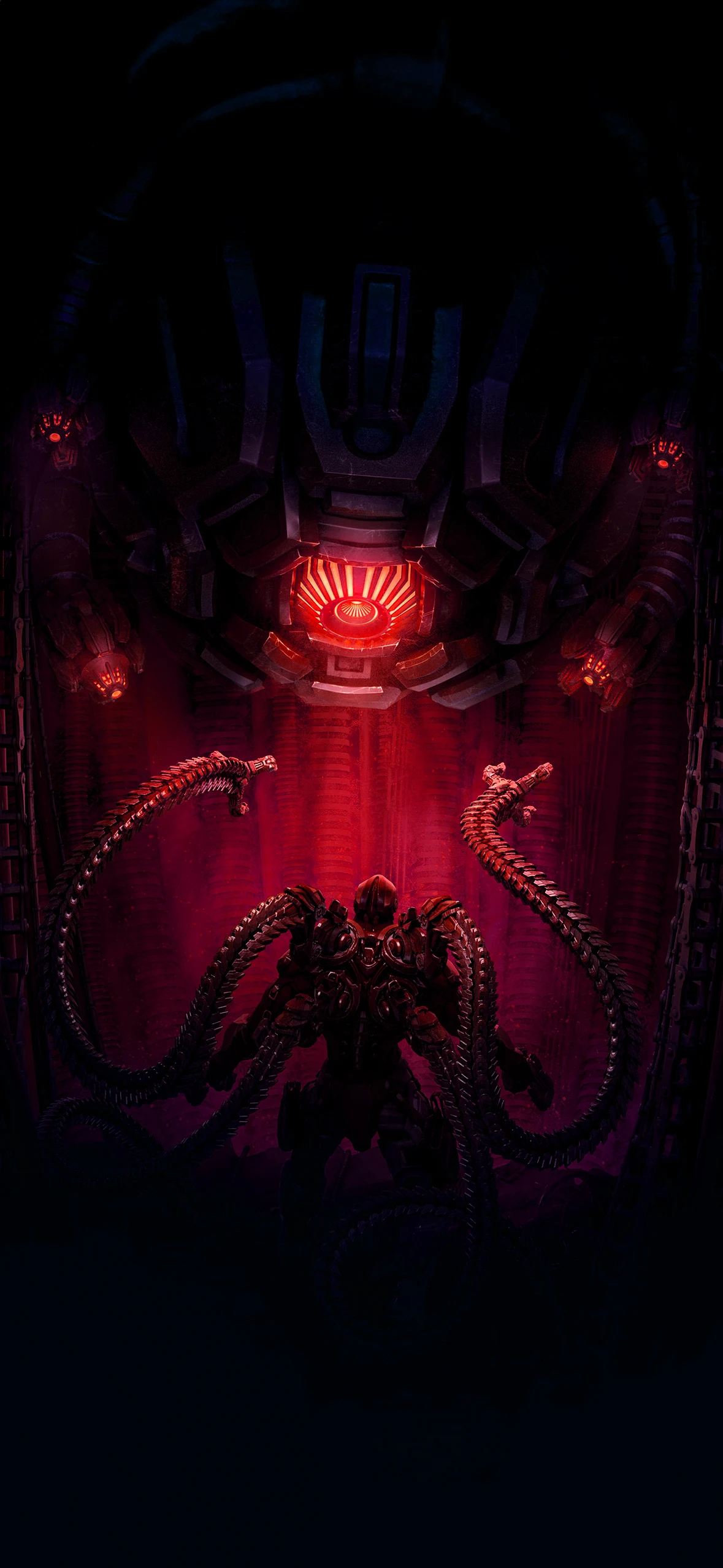 Epic iPhone wallpaper featuring a dark science fiction scene with a robotic overlord and ominous red lighting.