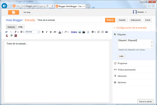 Introduciendo nueva entrada en Blogger