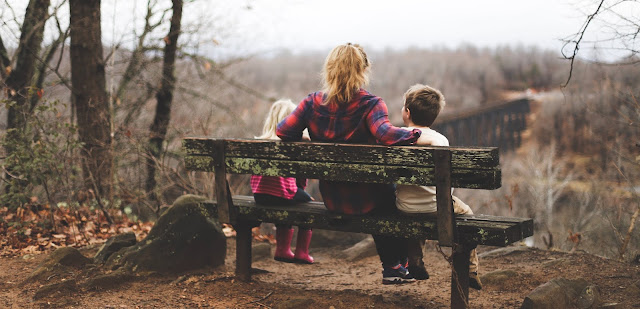 Rear view of a lady sitting between two children on a bench in the countryside