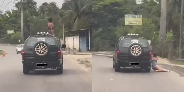 Mulher que dançava em cima de carro, cai no chão ao se deparar com a polícia.