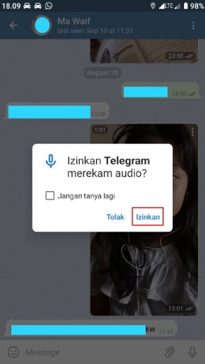 Telegram minta perizinan penggunaan audio dan kamera. Ini hanya dilakukan sekali saja.