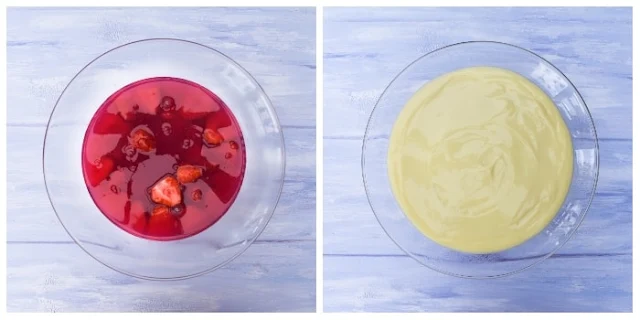 making strawberry trifle, jelly and custard layers in glass bowl