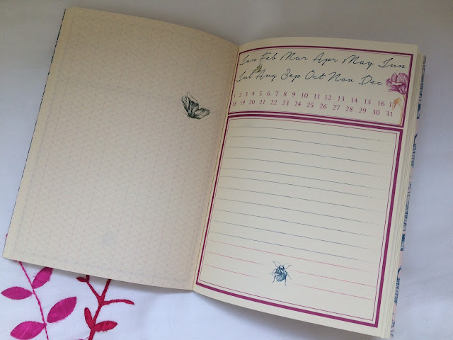 A5 notebook opened on cream double page with pink outline with days and dates printed at top to circle