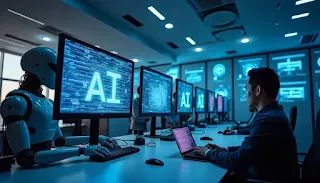 Futuristic AI lab with advanced technology and robots, deepseek vs chatgpt.