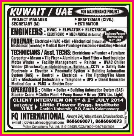 Kuwait , UAE Maintenance project Job Vacancies