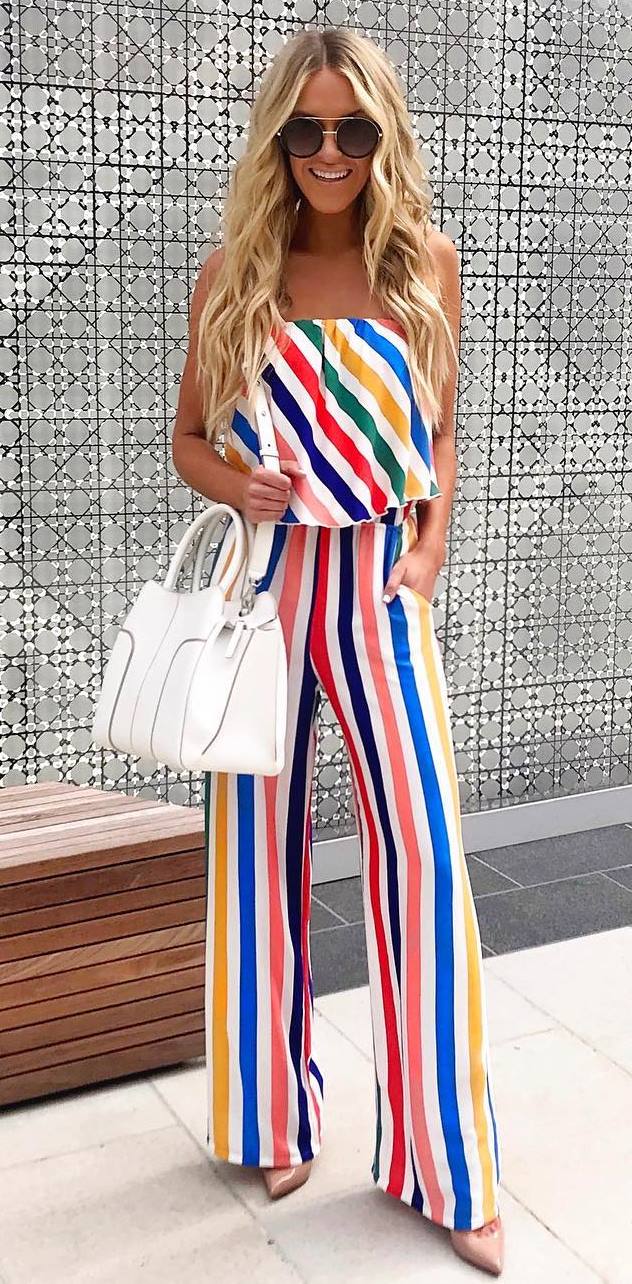 best summer outfit / white bag + bright striped  jumpsuit + heels