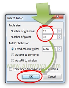  Gambar: Memanfaatkan dialog insert table di microsoft word untuk membuat tabel berukuran besar