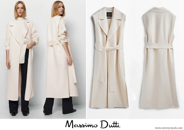 Queen Maxima wore Massimo Dutti longline wool waistcoat with belt