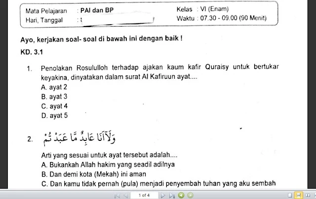 Soal Penilaian Mapel PAI dan BP Kelas 6 Semester 1