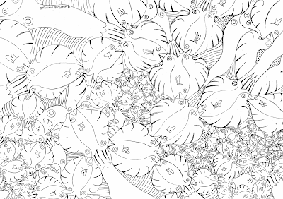 A coloring page of a pattern about fishes and birds / Kuviollinen värityskuva linnuista ja kaloista