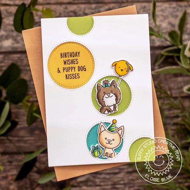 Sunny Studio Stamps: Puppy Dog Kisses Party Pups Staggered Circle Dies Puppy Themed Birthday Card by Eloise Blue