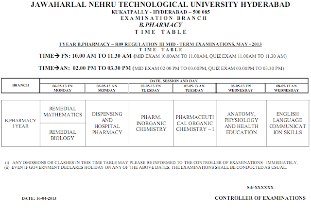 Jntu B.pharmacy  I Year R09 Mid Exam III Time Table May 2013