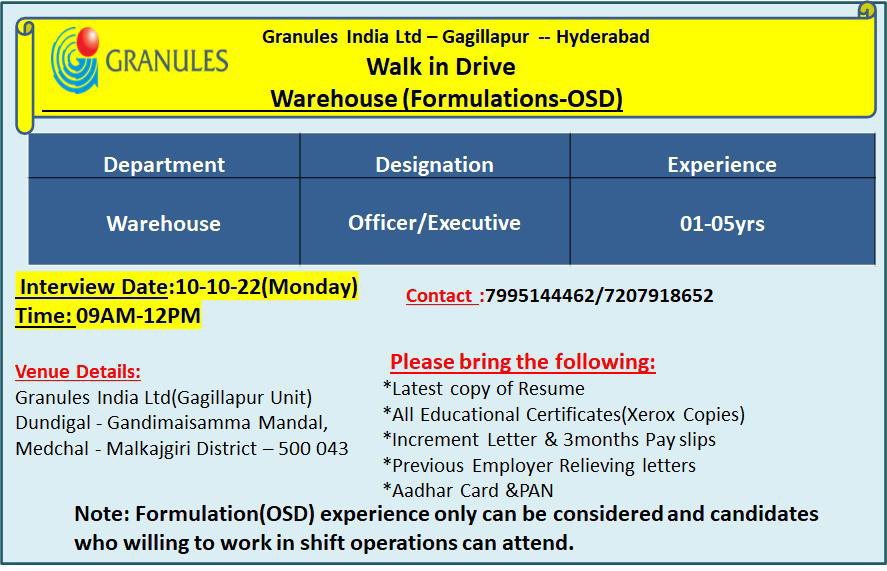 Job Available's for Granules India Ltd Walk-In Interview for Warehouse (Formulations-OSD)