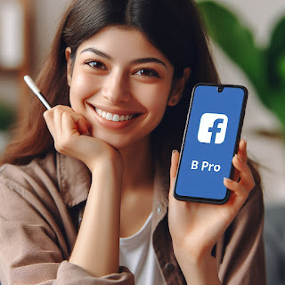 Seorang wanita tersenyum sambil memegang ponsel yang menampilkan logo FB Pro di layar