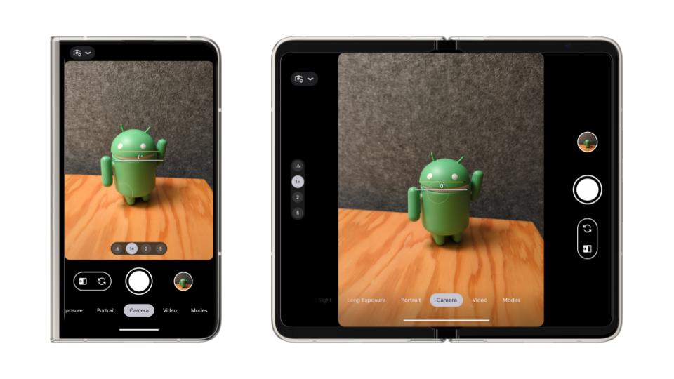 Images of portrait rear camera preview on protrait outer screen and landscape inner screen of Pixel Fold