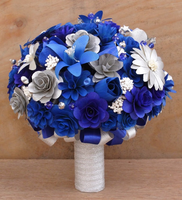 Royal Blue and Silver Wedding Bouquets Made of Wood and