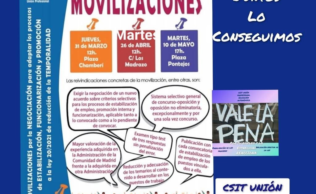 APISCAM: [CSIT-UP Sector Admón C. de Madrid] 'Martes, 10 de mayo, a las 17:00 horas, concentración de Empleados Públicos en la Plaza de [Piden paralización procesos estabilización anteriores convocados