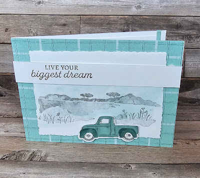 Trucking Along stampin up watercolour background tequnique live your biggest dream card