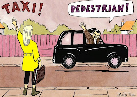 A girl waving for a taxi and calling it by name. the taximen waving back shouting back: pedestrian