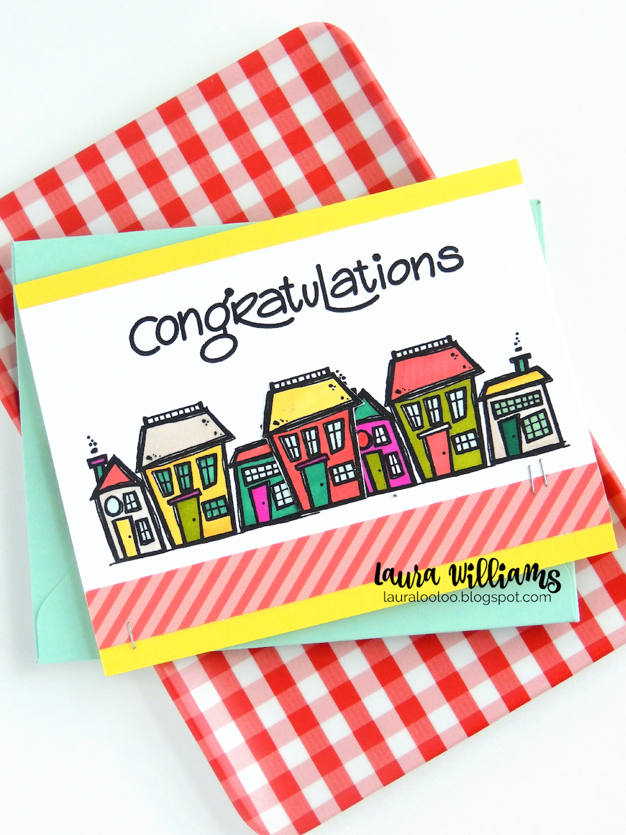 For the next handmade Congratulations card, I did a little fancy (not-really) stamping. This stamp is three houses. First, I stamped it twice on a white cardstock panel. Then I stamped it one more time on a scrap of cardstock, fussy cut it and adhered it in between the two images. I colored all of the houses with alcohol markers.