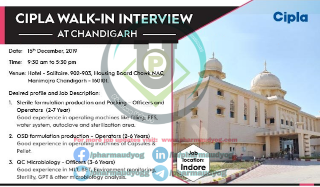 Cipla | Walk-in for Production-QC on 15 Dec 2019 | Pharma Jobs in Chandigarh