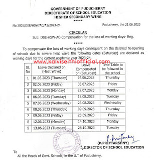 Saturday Working days List 2023 - 2024 - PUDUCHERRY 