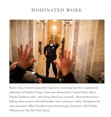 screen shot of NY Times feature on Pulitzer Prize for Photography nominated January 6 photograph of Officer Goodman by Ashley Gilbertson