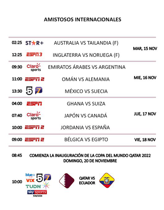 Distracción Quinto Cubeta Agenda TV: Amistosos previo al Mundial Qatar 2022 - Fútbol En Vivo México -  Guía TV Liga MX