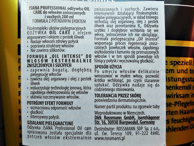 Isana Professional, Spülung Oil Care - Odżywka do włosów suchych i zniszczonych, etykieta