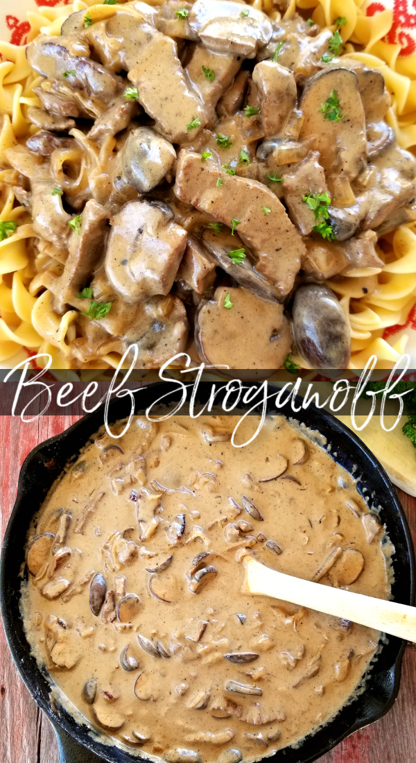 Classic Beef Stroganoff! An easy-to-follow recipe for classic Beef Stroganoff with tender strips of steak, sliced mushrooms and sauteed onions in a velvety sauce made with real sour cream.