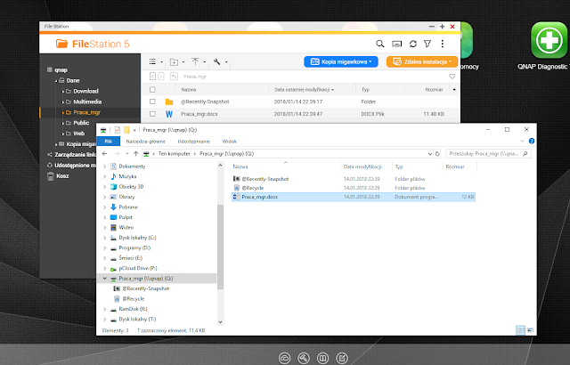 Folder udostępniony "Praca_mgr" widoczny w FileStation5 oraz eksploratorze Windows