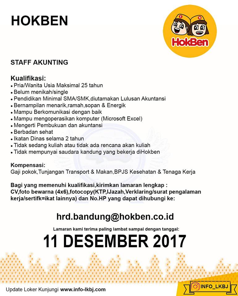 Lowongan Staf Akunting HokBen Bandung Tahun 2017 