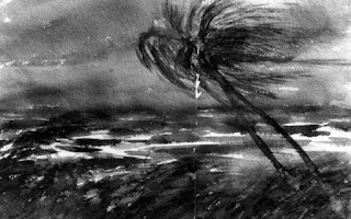 Painting of a palm tree blowing in a hurricane