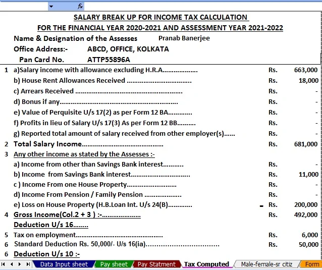 Tax Calculation Sheet