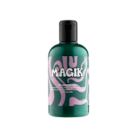 A photo of a cyldirncual plastic bottle filled with dark green liquid with a black cylindrical lid with a green and purple psychedelic bottle with Magik in thick white bubble font with CBD shower gel lush in white font on a bright background