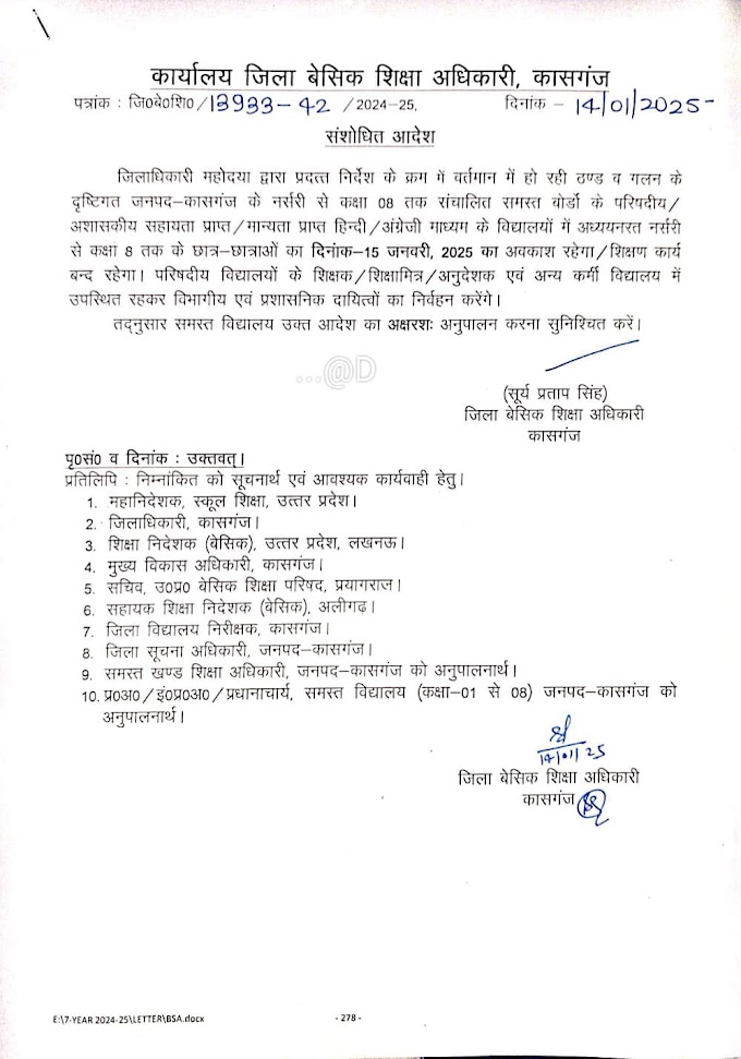 जनपद में दिनांक 15.01.25 को नर्सरी से कक्षा 2 तक छात्र छात्राओं के अवकाश संबंधी आदेश में हुआ संशोधन...अब दिनांक 15.01.25 को कक्षा 8 तक के छात्र छात्राओं का रहेगा अवकाश...