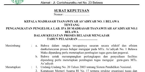 Contoh SK Pengangkatan Sebagai Kepala Lab. IPA Format Word Terbaru