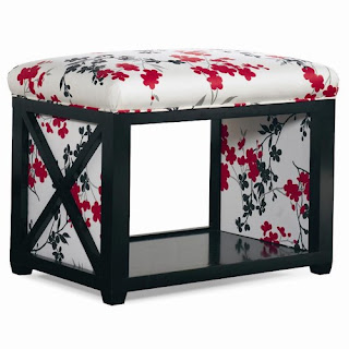 wooden ottoman with red floral fabric