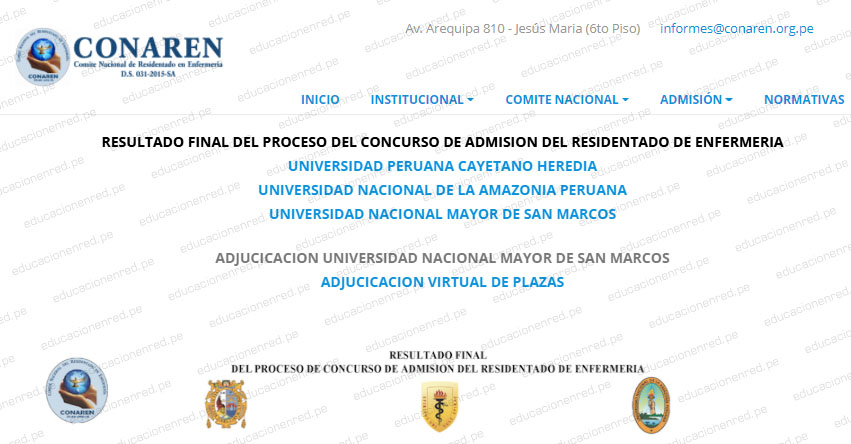 Resultado Final CONAREN 2020 (Domingo 20 Diciembre) Adjucicacion Virtual de Plazas al Residentado de Enfermería - www.conaren.org.pe