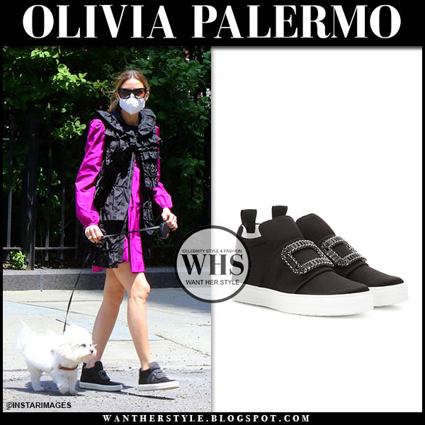 Olivia Palermo in fuchsia mini dress, black vest and black sneakers