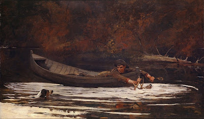 Original paint of Winslow Homer, a boy lying on his boat holding a horn of a deer.