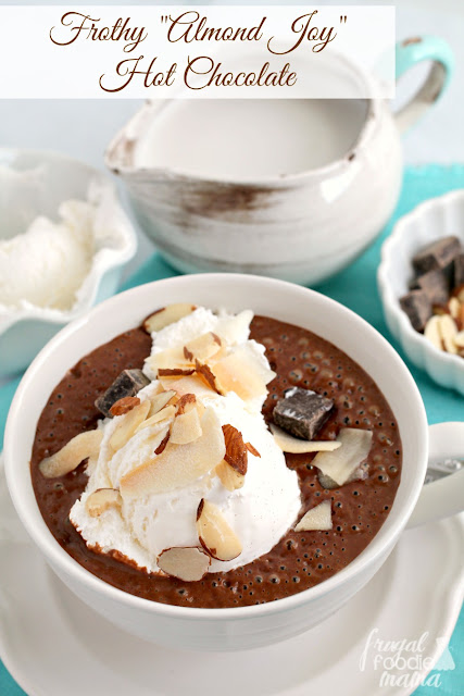 Inspired by a candy bar favorite, this rich & decadent Frothy "Almond Joy" Hot Chocolate is the perfect addition to a cozy weekend brunch.