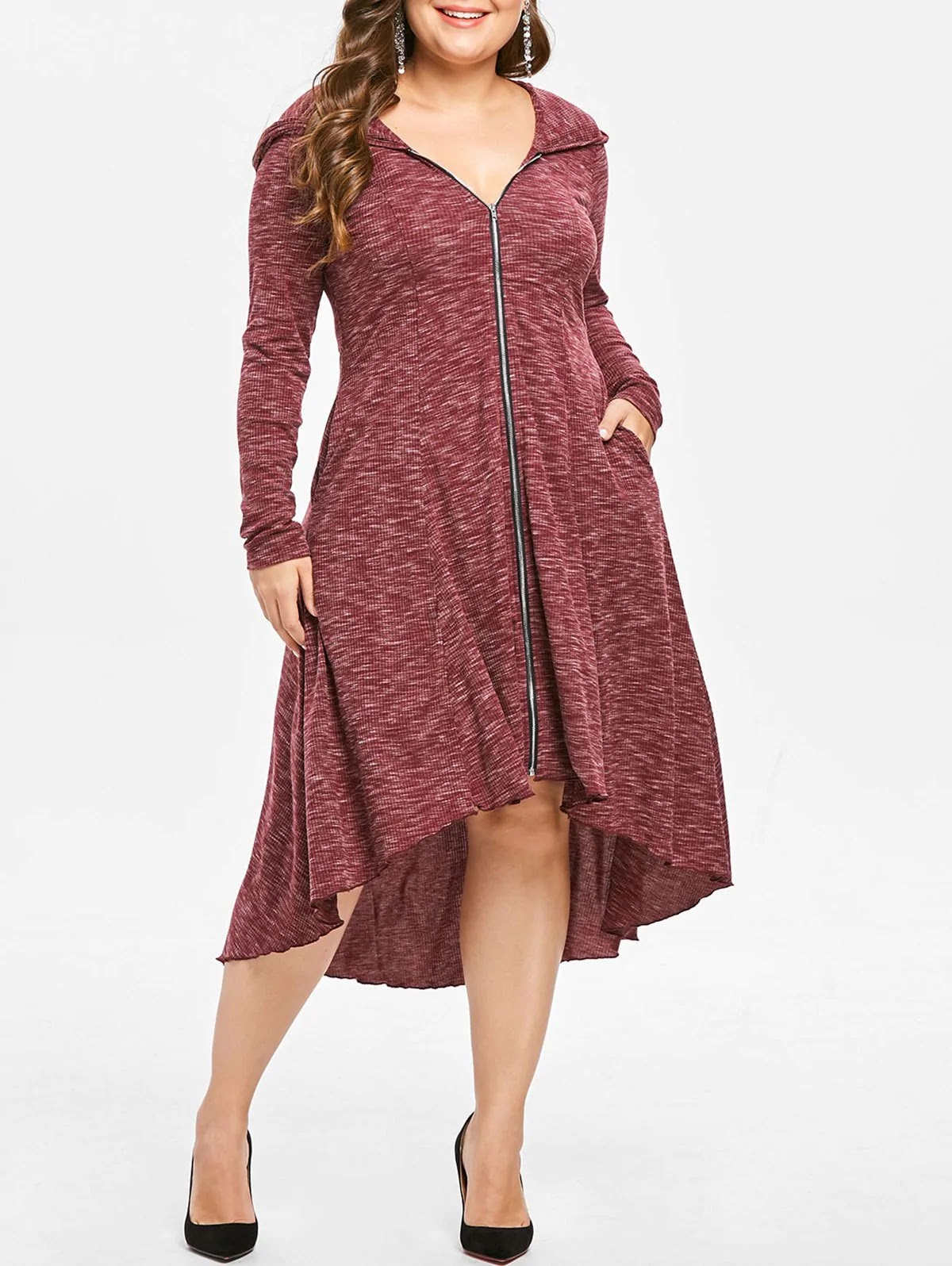 Plus Size Zip Front Hooded Asymmetrical Dress