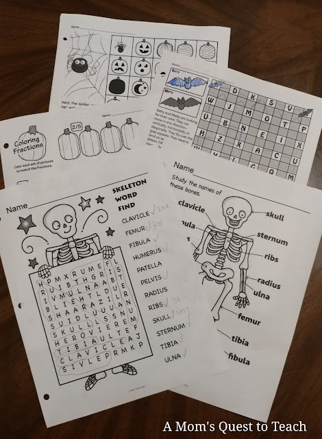 worksheets; wordsearch from My Teaching Library - skeletons, pumpkin, Halloween-theme