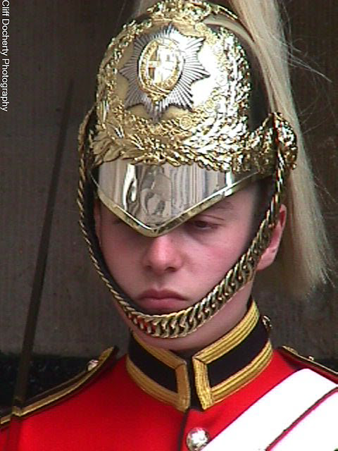 Early digital photo of a guard at Whitehall, London (Sony Mavica FD7)