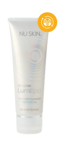 A bottle of NU SKIN LumiSpa Cleanser (Sensitive) standing upright, with its gentle formula encased in a sleek design, ready to provide a gentle and soothing cleanse for sensitive skin.