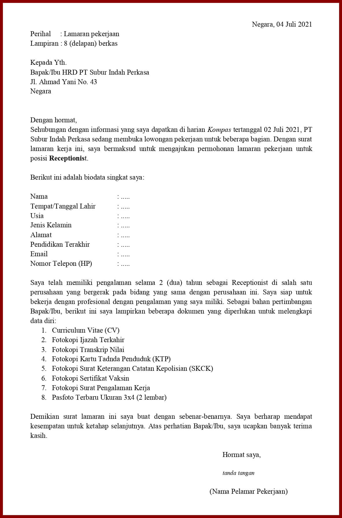 Contoh Application Letter Resepsionis Yang Sudah Berpengalaman Berdasarkan Informasi Dari Media Cetak