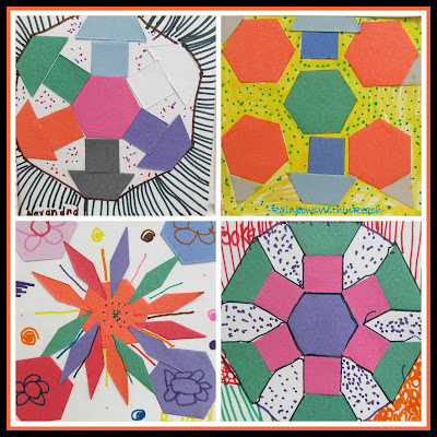 photo of: Kindergarten Geometric Art Response to Debbie Clement's Author Illustrator School Visit